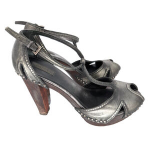 VTG Y2K Prada Gunmetal Studded Leather Block Heel Platform T Strap Pumps 10.5/41